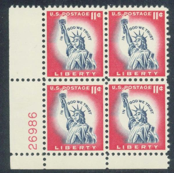 United States | Statue of Liberty Plate Block of Four 11-Cent US Postage Stamps Issued 1961 Carmine and dark violet blue Stamp Carmine & dark violet blue