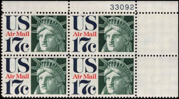 United States | Statue of Liberty Plate Block of Four 17-Cent United States Air Mail Postage Stamps Issued 1971 Stamp United States