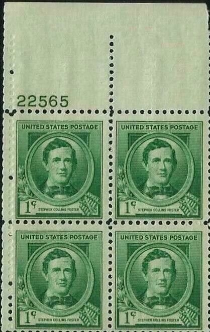 United States | Stephen Foster Plate Block of Four 1-Cent United States Postage Stamps Issued 1940 Stamp United States