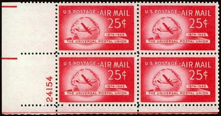 United States | Stratocruiser and Globe Plate Block of Four 25-Cent United States Air Mail Postage Stamps Issued 1949 Rose carmine Stamp Rose carmine