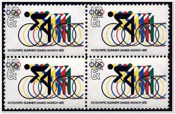 United States | Summer Olympic Games Block of Four 6-Cent US Postage Stamps Issued 1972 Black, blue, red, emerald and yellow Stamp Black, blue, red, emerald & yellow