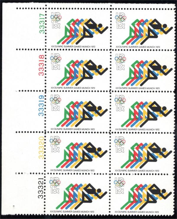 United States | Summer Olympic Games Plate Block of Ten 15-Cent US Postage Stamps Issued 1972 Stamp United States