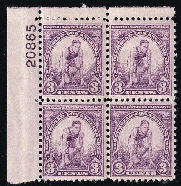 United States | Summer Olympics Runner at Starting Mark Plate Block of Four 3-Cent US Postage Stamps Issued 1932 Violet Stamp United States