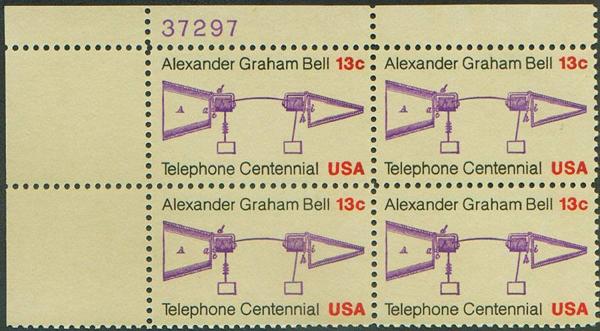 United States | Telephone Centennial Plate Block of Four 13-Cent United States Postage Stamps Issued 1976 Black, purple and red Stamp Black, purple & red