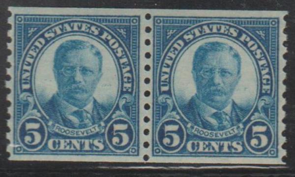 United States | Theodore Roosevelt Coil Pair of 5-Cent United States Postage Stamps Issued 1924 Dark Blue Stamp Dark blue