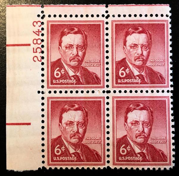 United States | Theodore Roosevelt Plate Block of Four 6-Cent US Postage Stamps Issued 1955 Carmine Stamp Carmine