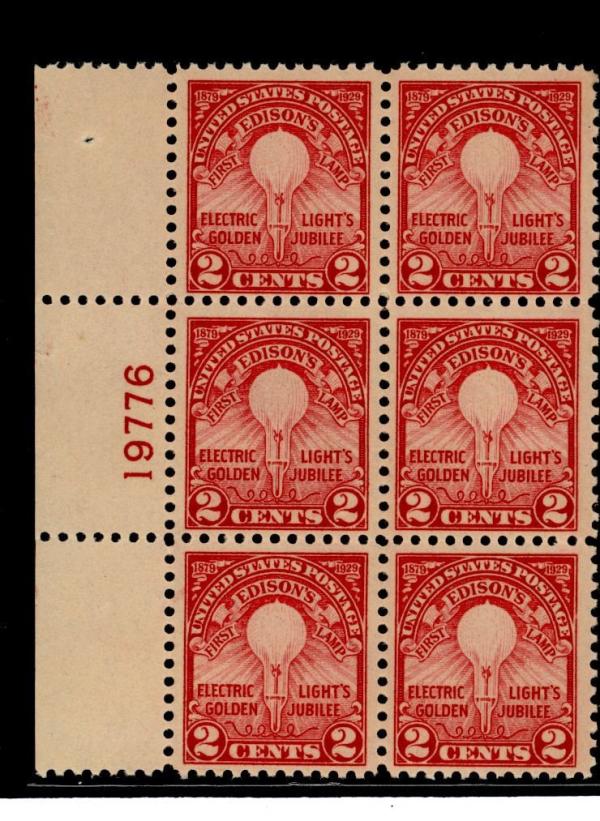 United States | Thomas Edison Light Bulb Plate Block of Six 2-Cent United States Postage Stamps Issued 1929 Stamp United States