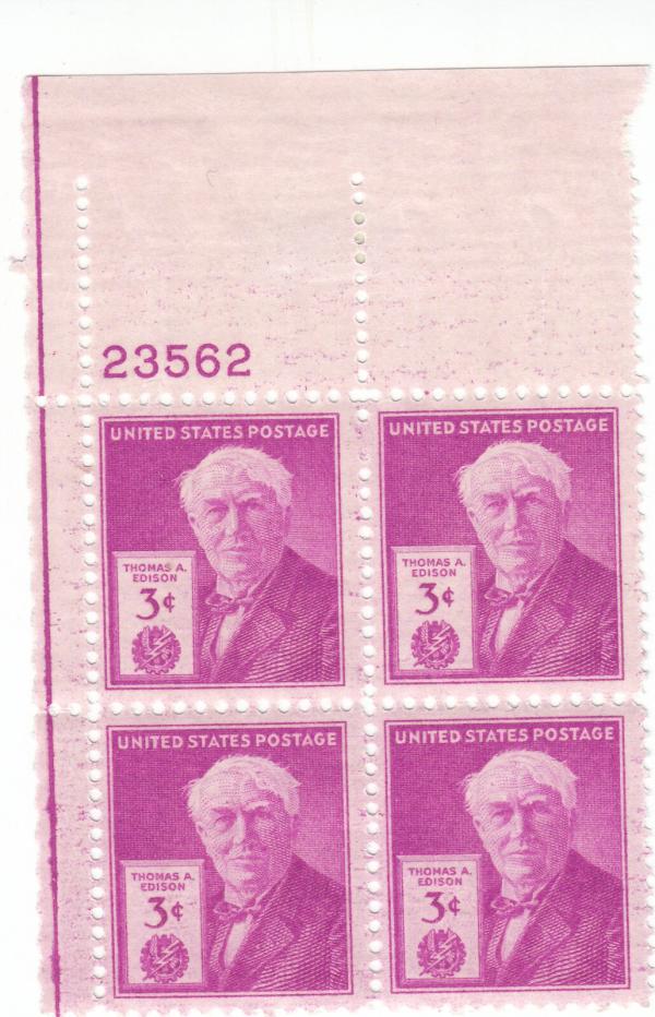 United States | Thomas Edison Plate Block of Four 3-Cent US Postage Stamps Issued 1947 Stamp United States