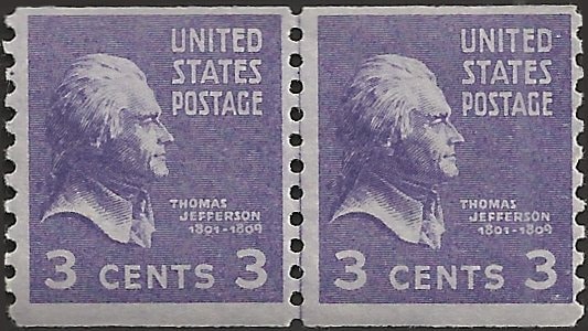 United States | Thomas Jefferson Coil Line Pair of 3-Cent United States Postage Stamps Issued 1939 Deep violet Stamp Deep violet