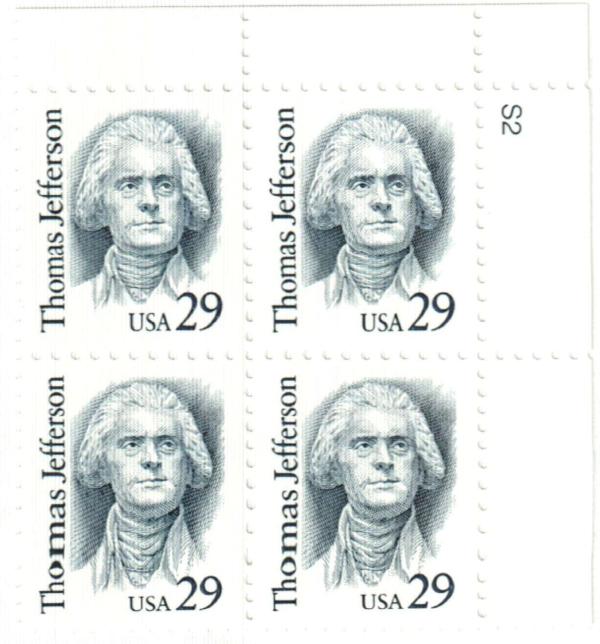 United States | Thomas Jefferson Plate Block of Four 29-Cent United States Postage Stamps Stamp United States