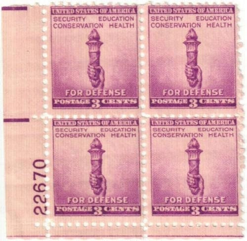 United States | Torch of Enlightenment Plate Block of Four 3-Cent United States Postage Stamps Issued 1940 Bright violet Stamp Bright violet