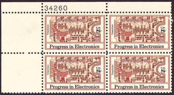 United States | Transistors and Printed Circuit Board Plate Block of Four 8-Cent United States Postage Stamps Issued 1973 Stamp United States