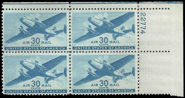 United States | Transport Plane Plate Block of Four 30-Cent United States Air Mail Postage Stamps Issued 1941 Blue Stamp Blue