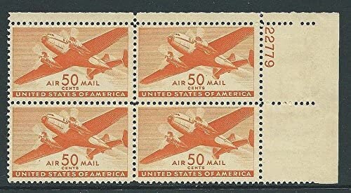 United States | Twin Motor Transport Airplane Plate Block of Four 50-Cent United States Air Mail Postage Stamps Issued 1941 Orange Stamp Orange