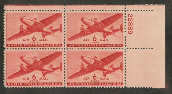 United States | Twin-Motor Transport Plane Plate Block of Four 6-Cent United States Air Mail Postage Stamps Issued 1941 Carmine Stamp Carmine