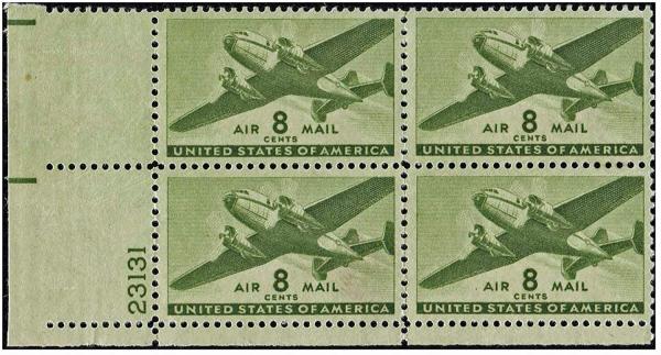 United States | Twin Motor Transport Plate Block of Four 8-Cent United States Air Mail Postage Stamps Olive green Stamp Olive green