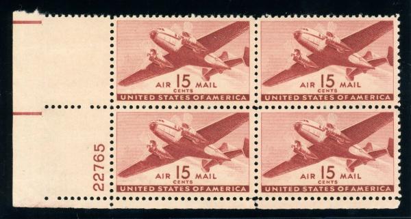 United States | Twin-Motored Transport Plane Plate Block of Four 15-Cent United States Air Mail Postage Stamps Issued 1941 Brown carmine Stamp Brown carmine