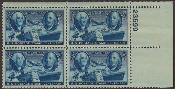 United States | United States Postage Stamp Centenary Plate Block of Four 3-Cent Stamps Issued 1947 Deep blue Stamp Deep blue