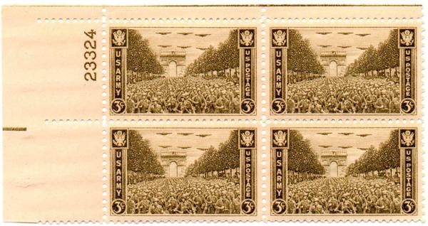 United States | US Army Plate Block of Four 3-Cent United States Postage Stamps Issued 1945 Olive Stamp Olive