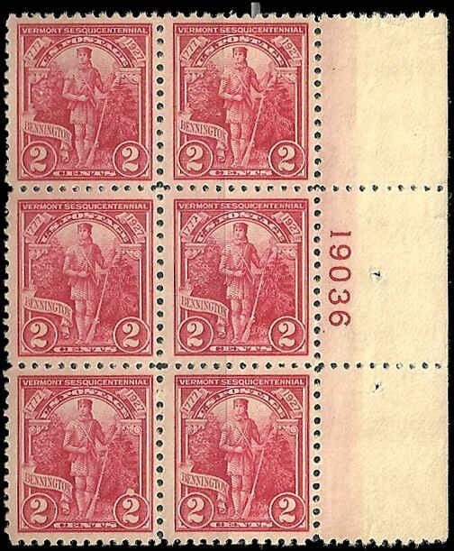 United States | Vermont Sesquicentennial Plate Block of Six 2-Cent US Postage Stamps Issued 1927 Stamp United States