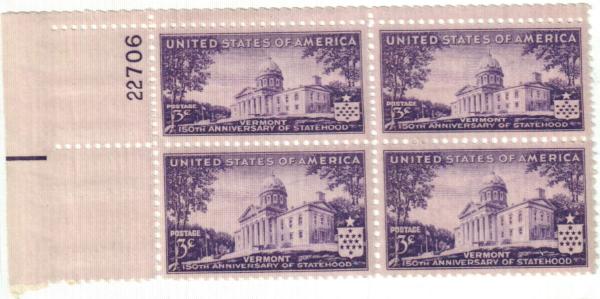 United States | Vermont Statehood Plate Block of Four 3-Cent United States Postage Stamps Issued 1941 Stamp United States