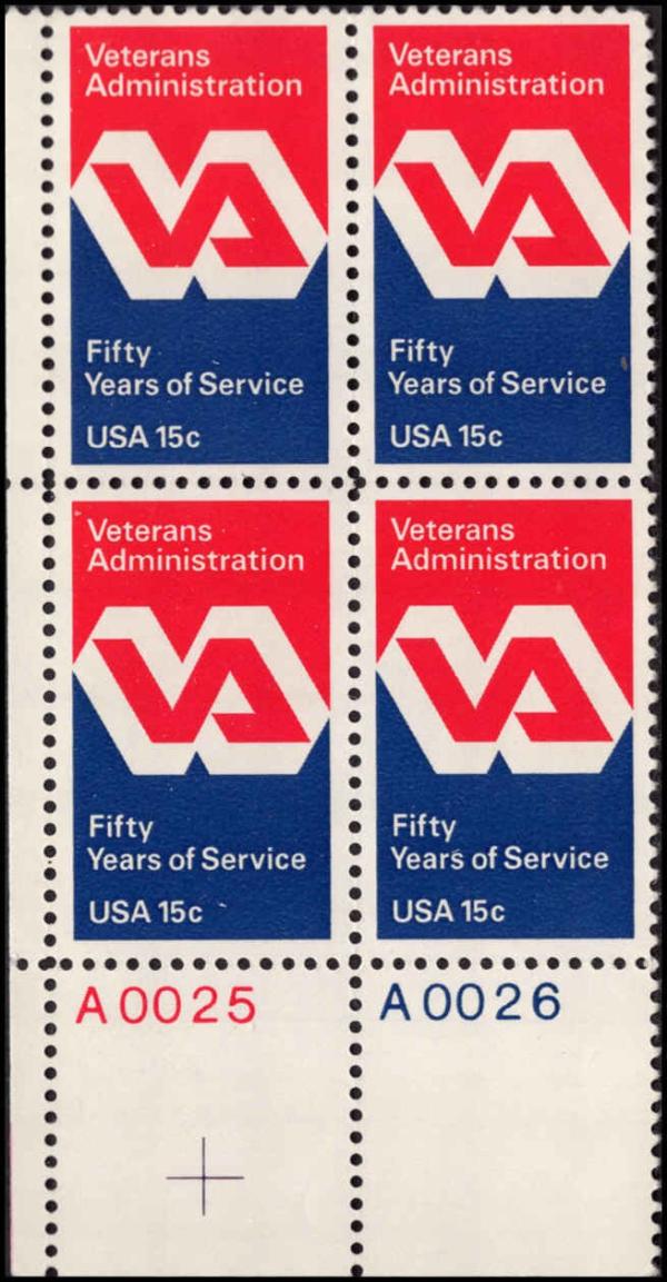 United States | Veterans Administration Plate Block of Four 15-Cent United States Postage Stamps Issued 1980 Stamp United States