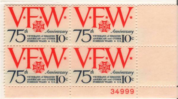 United States | VFW Plate Block of Four 10-Cent United States Postage Stamps Issued 1974  Red and dark blue Stamp Red & dark blue