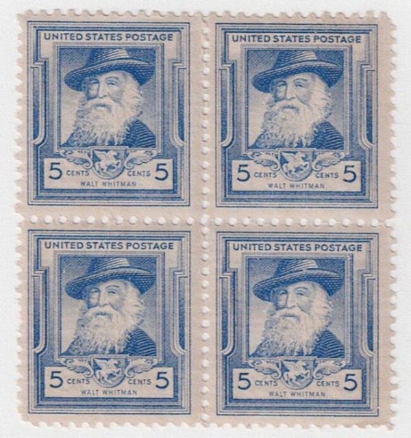 United States | Walt Whitman Block of Four 5-Cent United States Postage Stamps Issued 1940 Ultramarine Stamp Ultramarine