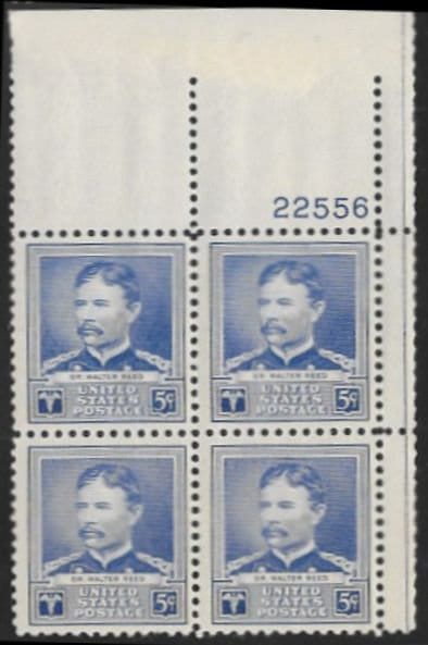 United States | Walter Reed Plate Block of Four 5-Cent United States Postage Stamps Issued 1940 Stamp United States