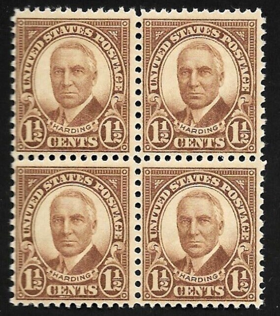 United States | Warren G Harding Block of Four 1-1/2 Cent US Postage Stamps Issued 1930 Brown Stamp Brown