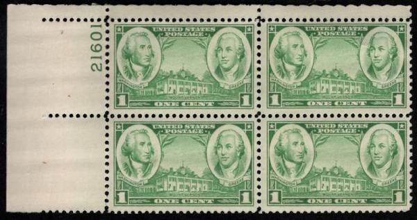 United States | Washington and Greene Plate Block of Four 1-Cent United States Postage Stamps Issued 1936 Stamp United States