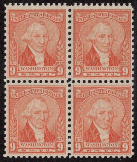 United States | Washington Bicentennial Block of Four United States 9-Cent Postage Stamps Issued 1932 Pale red Stamp Pale red