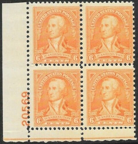 United States | Washington Bicentennial Plate Block of Four 6-Cent United States Postage Stamps Issued 1932 Red orange Stamp Red orange