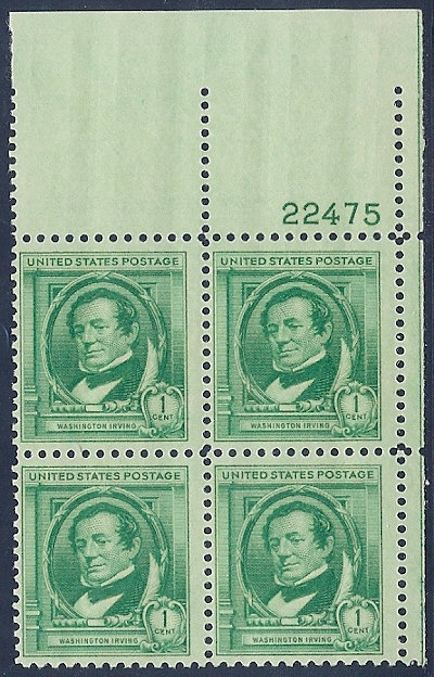 United States | Washington Irving Plate Block of Four 1-Cent United States Postage Stamps Issued 1940 Stamp United States