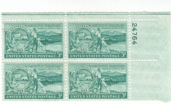 United States | Washington Territory Plate Block of Four 3-Cent US Postage Stamps Issued 1953 Stamp United States