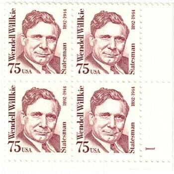 United States | Wendell Willkie Plate Block of Four 75-Cent United States Postage Stamps Issued 1992 deep magenta Stamp deep magenta