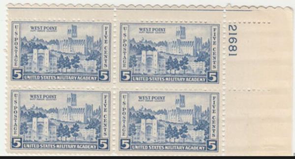 United States | West Point Plate Block of Four 5-Cent United States Postage Stamps Issued 1937 Stamp United States