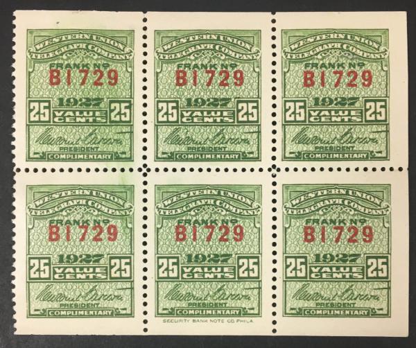 United States | Western Union Telegraph Co Booklet Pane of Six 25-Cent Green Stamps Issued 1927 Stamp United States