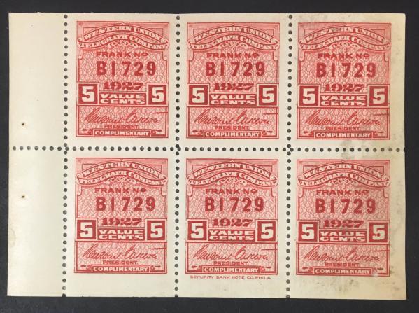 United States | Western Union Telegraph Co Booklet Pane of Six 5-Cent Carmine Stamps Issued 1927 Stamp United States