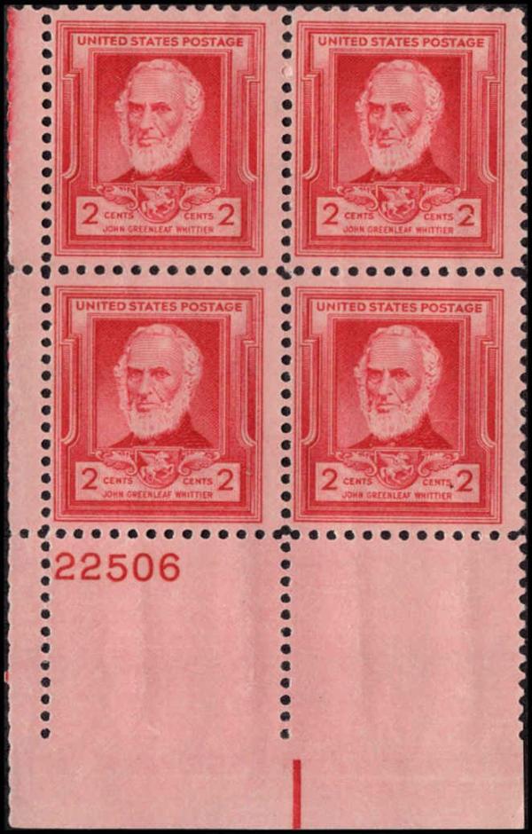 United States | Whittier Plate Block of Four 2-Cent United States Postage Stamps Issued 1940 Stamp United States