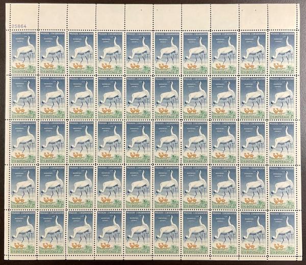 United States | Whooping Cranes Wildlife Conservation Sheet of Fifty 3-Cent USA Postage Stamps 1957 Stamp United States