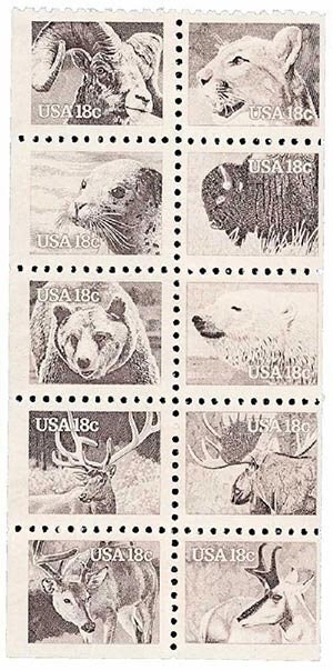 United States | Wildlife of America Booklet Pane of Ten 18-Cent United States Postage Stamps Issued 1981 Dark brown Stamp Dark brown