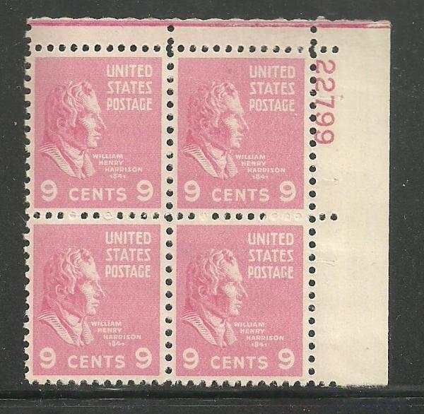 United States | William Henry Harrison Plate Block of Four 9 Cent United States Postage Stamps Issued 1938 Rose pink Stamp Rose pink