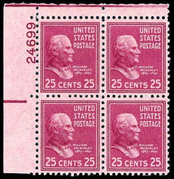 United States | William McKinley Plate Block of Four 25-Cent United States Postage Stamps Issued 1938 Stamp United States