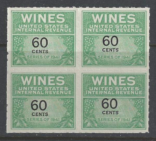 United States | Wine Revenue Stamps Block of Four 60-Cent United States Wine Revenue Stamps Issued 1942 Stamp United States