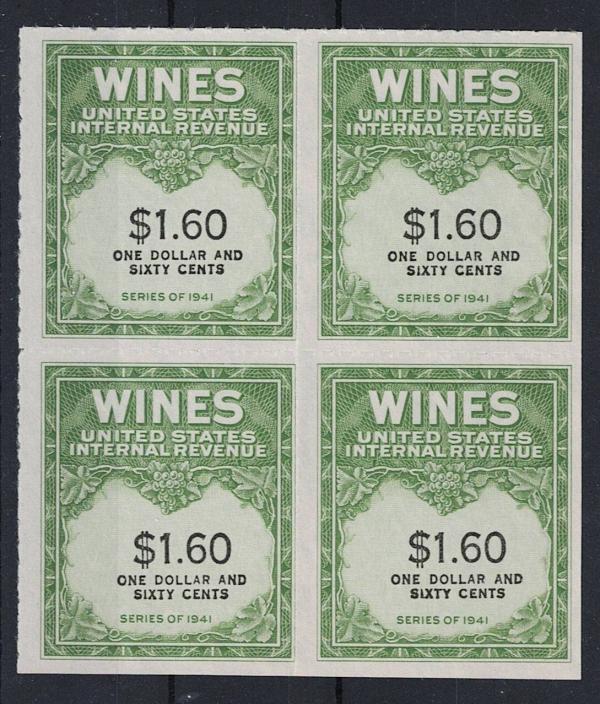 United States | Wine Revenue Stamps Block of Four One Dollar and 60-Cent United States Issued 1942 Stamp United States