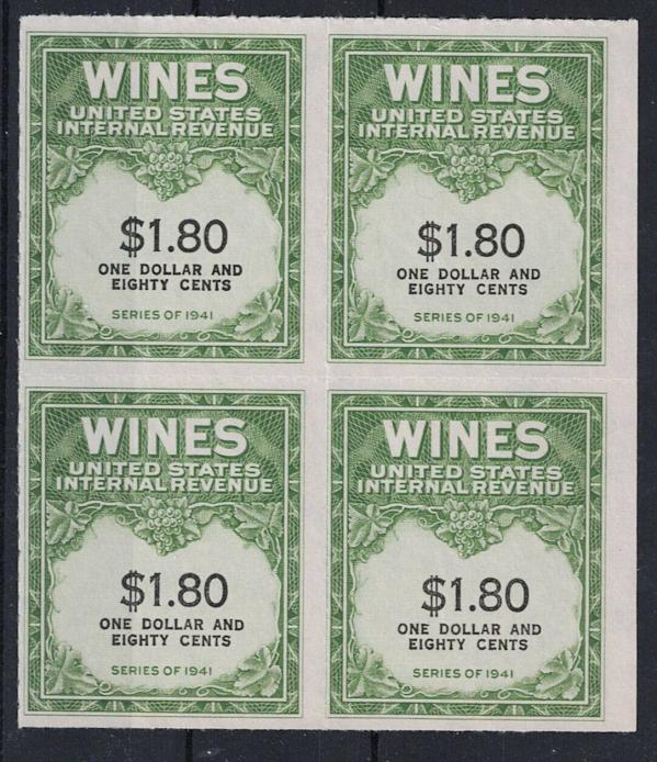 United States | Wine Revenue Stamps Block of Four One Dollar and 80-Cent United States Issued 1942 Stamp United States