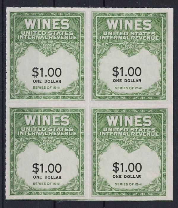 United States | Wine Revenue Stamps Block of Four One Dollar United States Issued 1949 Stamp United States