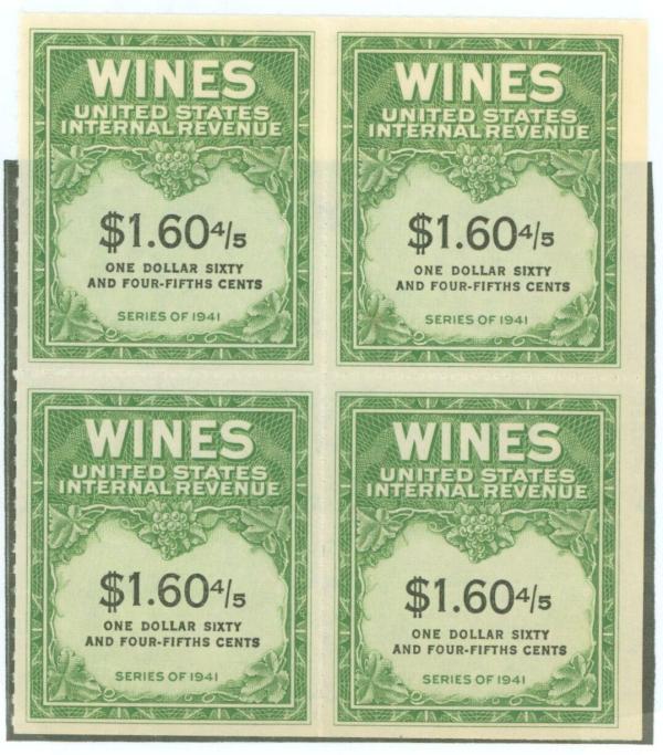 United States | Wine Revenue Stamps Series of 1941 Block of Four One-Dollar 60-Cent 4/5 United States Stamp United States