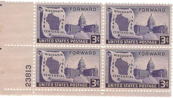 United States | Wisconsin Statehood Plate Block of Four 3-Cent United States Postage Stamps Issued 1948 Stamp United States